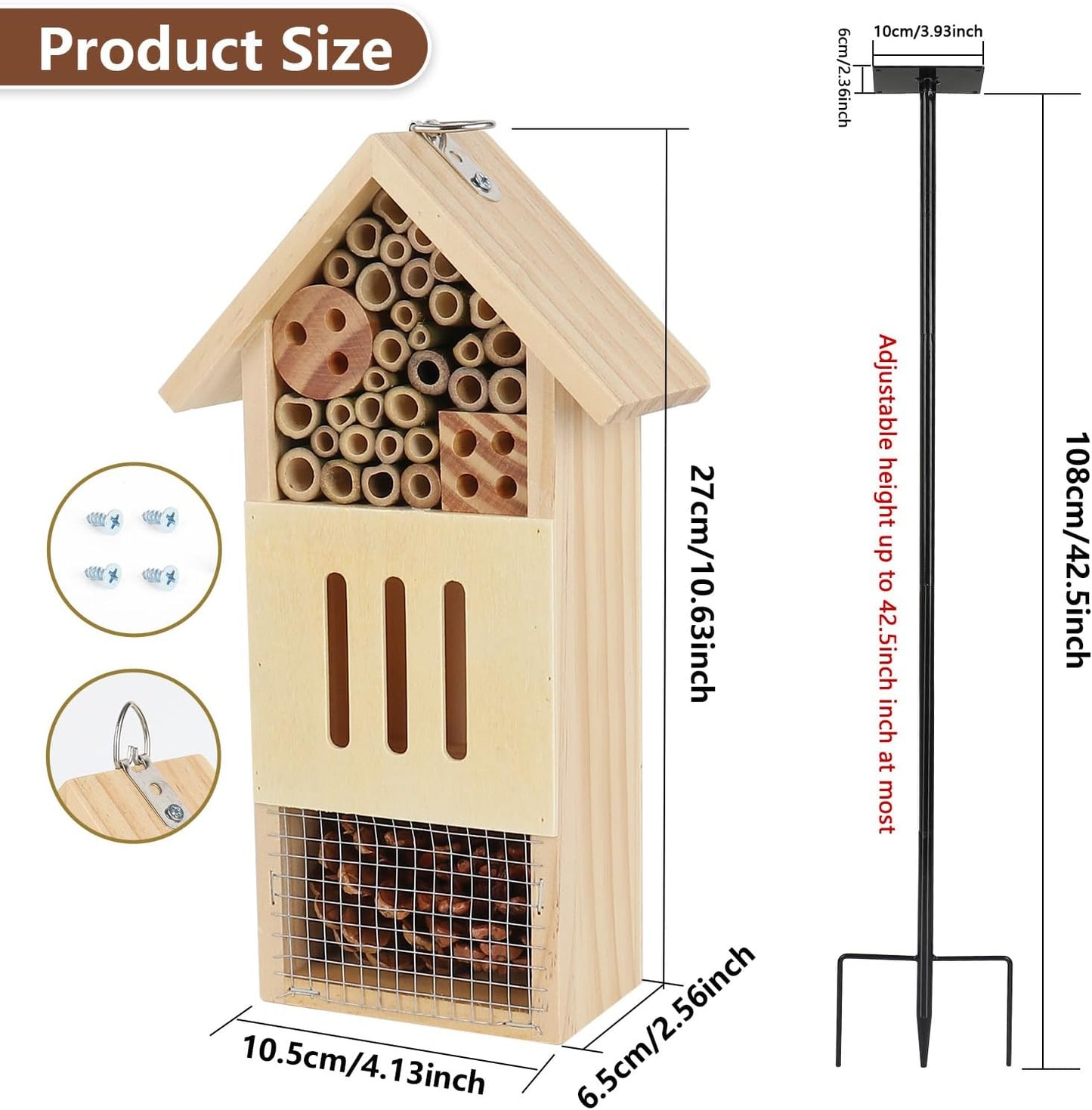 Wooden Insect House, Bee House with Metal Stake for Gardens, Insect Hotel & Butterfly Hotel on The Ground or Hanging on Tree Wall, Natural Insect Habitat for Bee, Butterfly, Ladybirds, Bugs