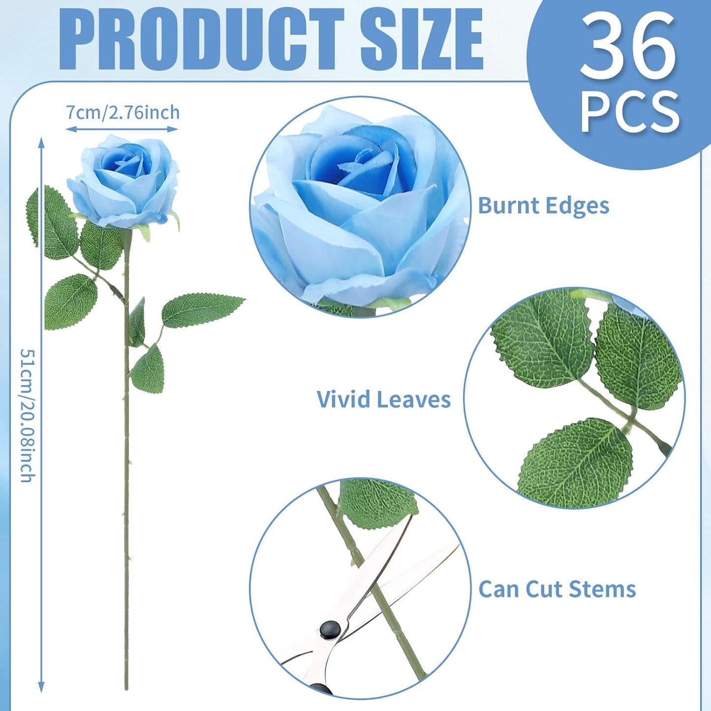 36 Pcs Sky Blue Artificial Roses with Long Stems, Blue Fake Silk Rose Artificial Flowers Bulk for Bridal Wedding Bouquet Centerpiece Ball Arrangement Party Decor
