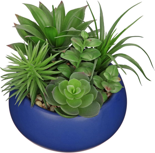 Fake Plants Artificial Succulents in Pots Faux Succulent Arrangement Potted Plant in Blue Ceramic Planter Bowl for Home Decor Office Desk Bathroom Shelf Living Room Indoor Decorations