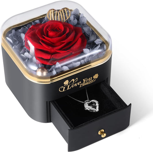 Mikasol Preserved Rose & Heart-Shaped Necklace with Jewelry Box - Preserved Rose, Ideal Romantic Gift for Women, Anniversary, Valentines, Black, 4.9"x4.5"x4.1"