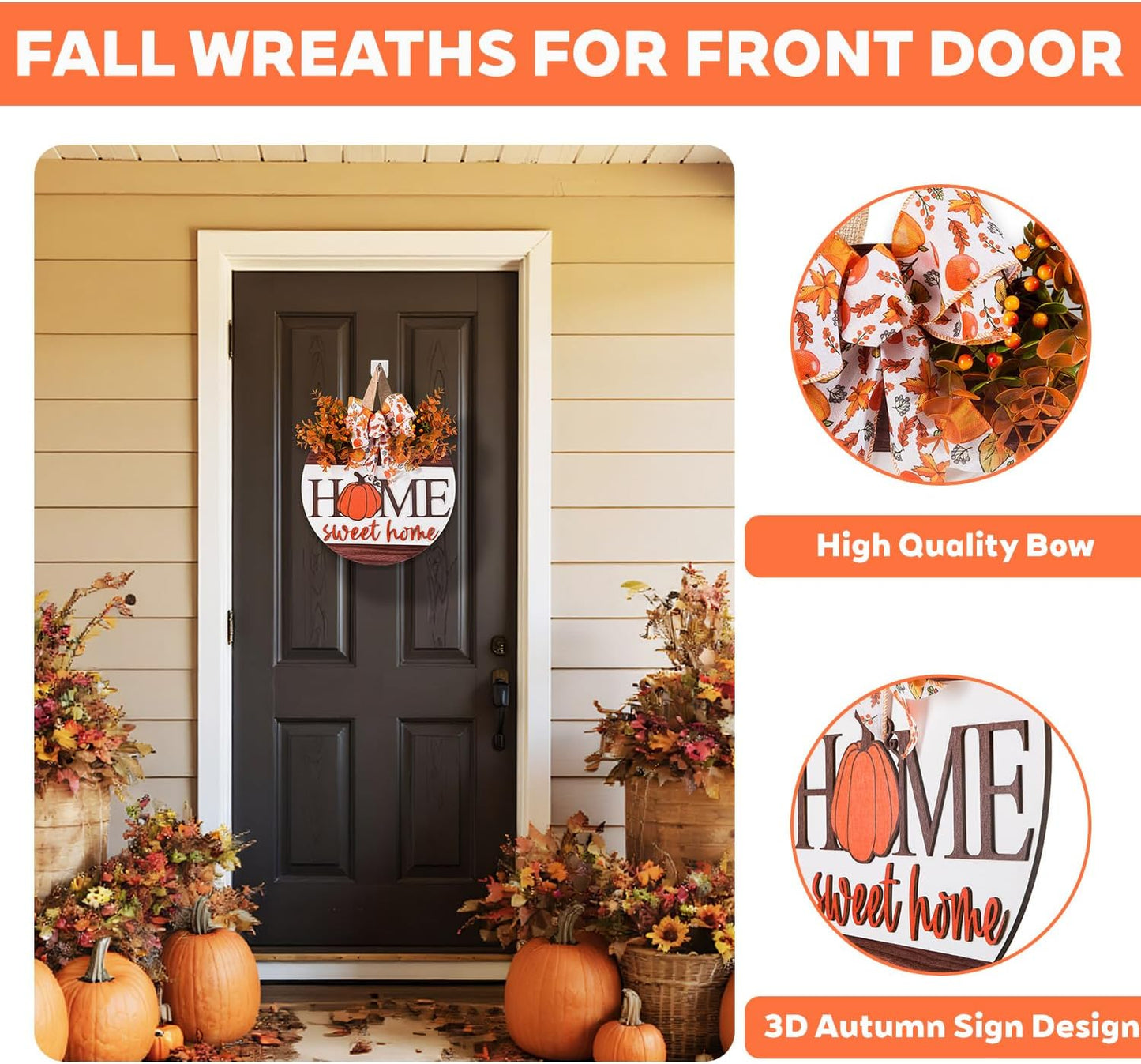 Hello Pumpkin Welcome Wooden Hanging Sign Fall Wreath for Front Door | Fall Autumn Harvest Decor with Bow & Wreath | Farmhouse Rustic Thanksgiving Porch & Wall Plaque | Indoor Outdoor Home Decor