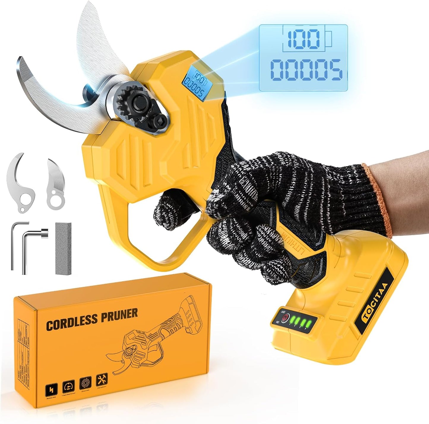 TOCiTAA Cordless Electric Pruning Shears Compatible with Dewalt 20v Battery, Portable Pruner Garden Tool Brushless & Imported SK7 Steel Blades, 1.5-2 Inch Cutting Diameter (Tool Only)