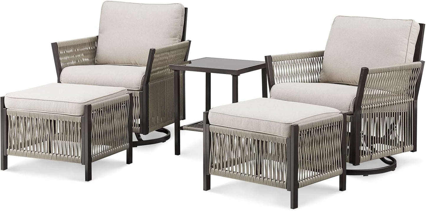 Patio Furniture Wicker Outdoor Conversation Set, 5-Piece All Weather Patio Furniture Rattan Rocking Sets w/Removable Cushions & Ottomans, Side Table for Backyard, Balcony, Deck, Beige
