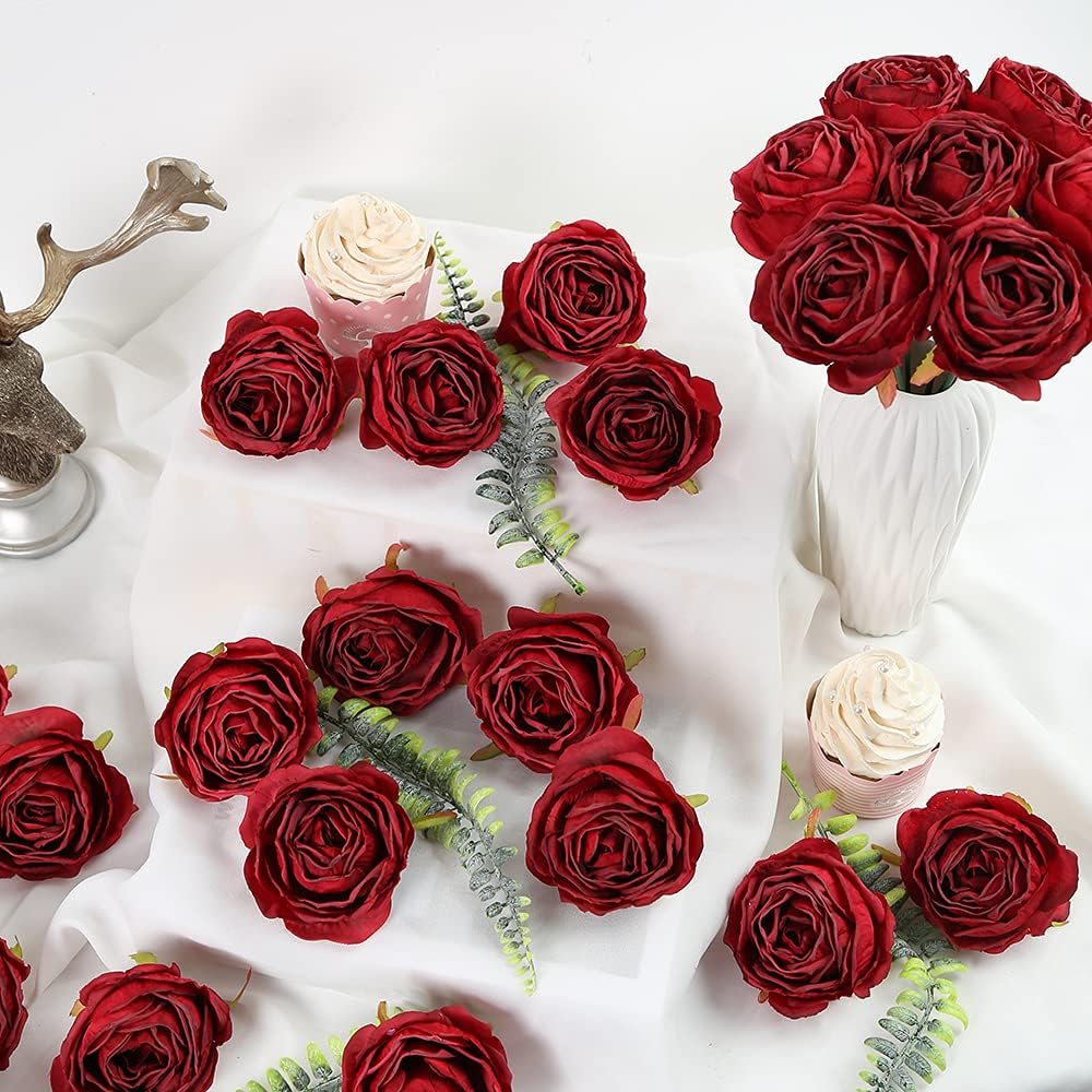 IPOPU Red Silk Roses 25pcs Flower Heads Bulk Artificial for Decoration Fake Dried Floral Bouquet for Wedding Bride Wall Flowers Decorations