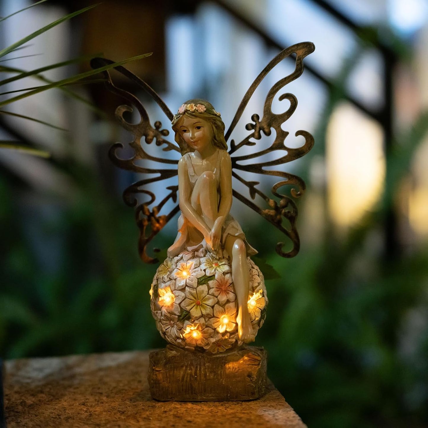 Flower Fairy Garden Decor,Garden Fairy Statues Outdoor,Solar Powered Outdoor Fairy Figurine Accessories,Patio Lawn Yard Porch, Resin Ornaments for Outside Gifts,9.45 Inches Tall