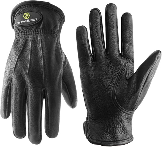 HLDD HANDLANDY Leather Work Gloves for Men & Women, Adjustable Wrist Cowhide Gardening Glove with Reinforced Palm for Driver