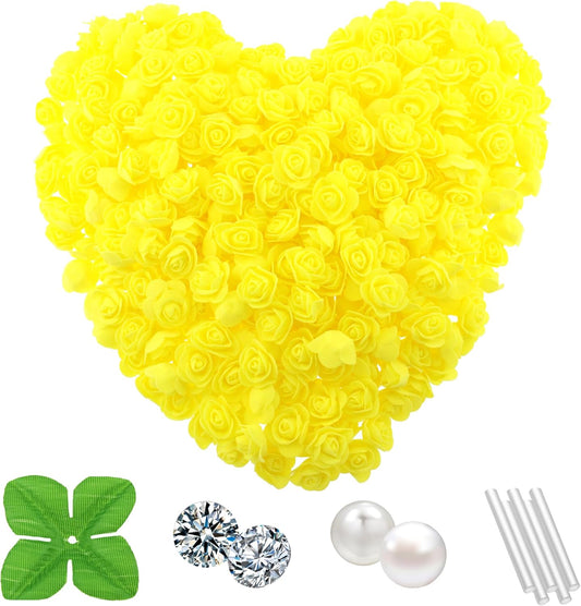 500 Pcs 1.4 Inch Mini Artificial Flowers Head Bulk 5 in 1 Set Faux Foam Fake Small Rose Tiny Baby Flores Bouquet Cake Gift Home Decoration DIY Craft (Yellow)