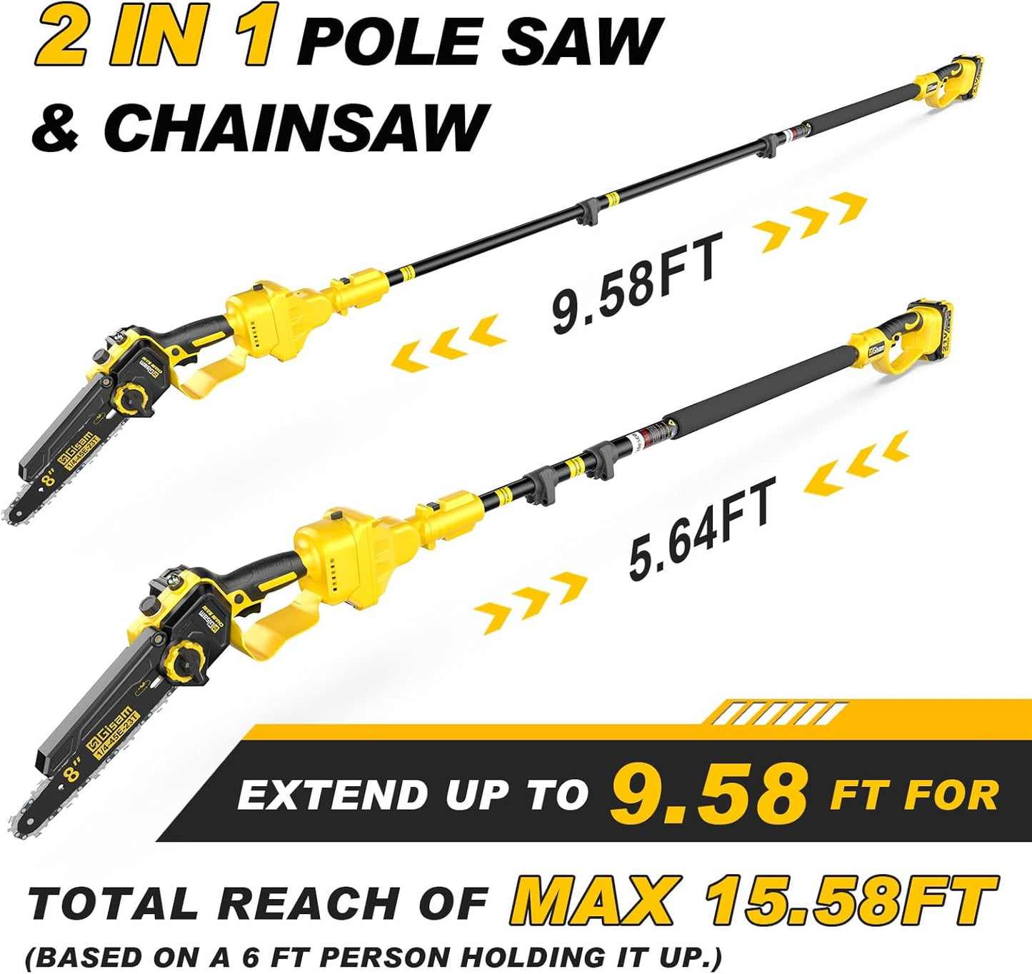 2-in-1 Electric Pole Saws for Tree Trimming,8" Mini Chainsaw Cordless with Extension Pole, 1000W Brushless Motor,Auto Oiling,15.58 FT Max Reach Extension Pole for Outdoors Pruning with 2×Batteries