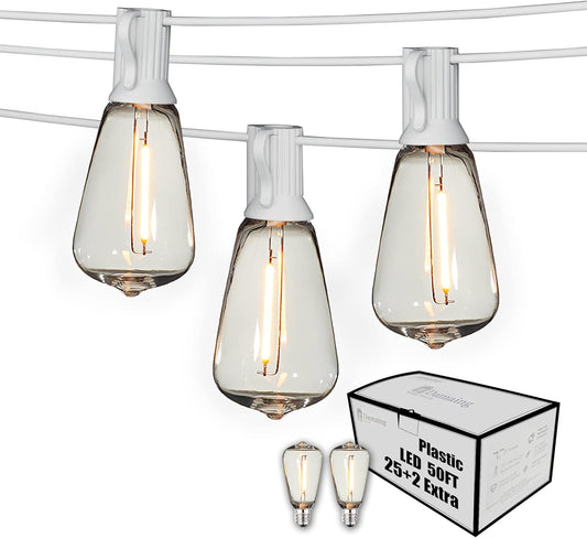 Outdoor String Lights 50FT Waterproof,LED Patio Lights Dimmable with 27 Bright Shatterproof Retro Bulbs,Vintage Edison String Hanging Lights for Outside Bistro,Backyard,Balcony,White Cable