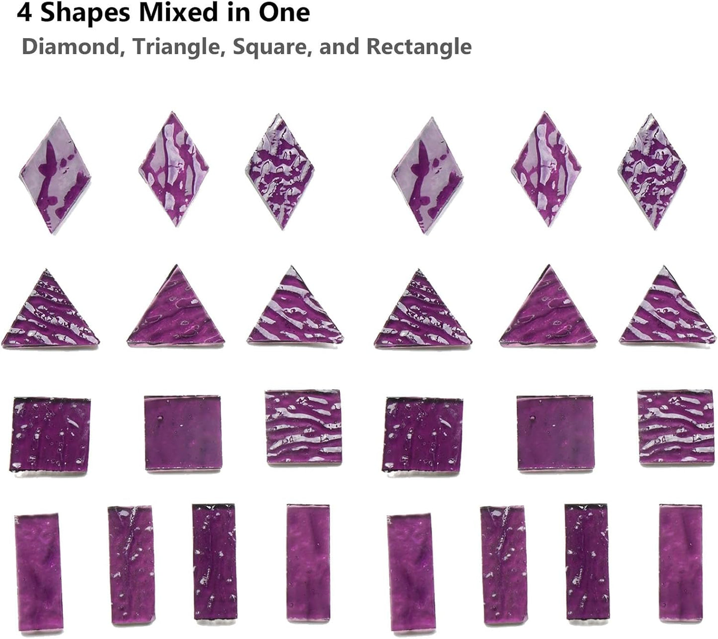 200G Oversize Transparent Glass Mosaic Tiles for Crafts, 4 Shapes Textured Cathedral Stained Glass Mosaic Pieces for Mosaic Art Decor, Violet Purple
