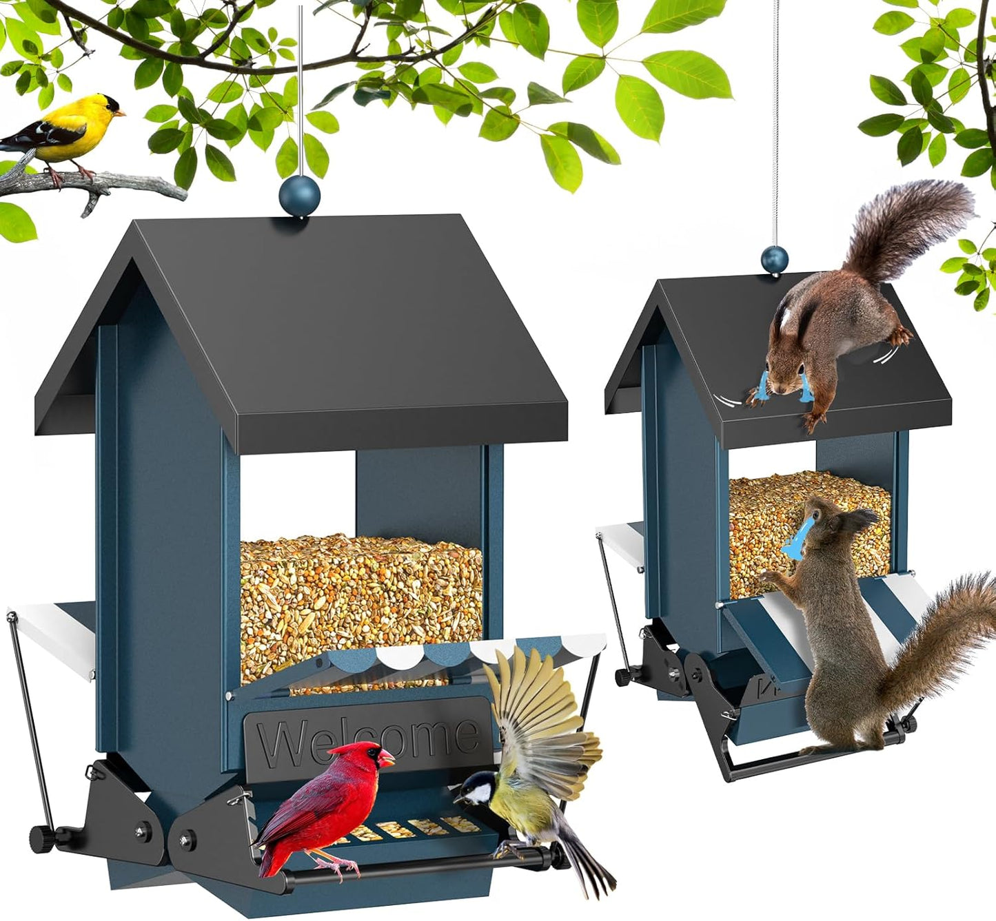 Weight Activated Squirrel Proof Bird Feeder with Canopy | 5LB Large Capacity, Weather-Resistant Design | Attracts Finches, Cardinals & More for Outdoor Bird Watching
