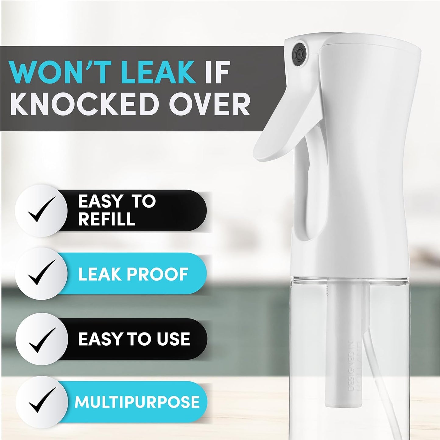 Hula Home Spray Bottle for Hair (10.1oz/300ml) - Powered by Flairosol® Spray Technology - Continuous Ultra Fine Mist Sprayer – For Hairstyling, Cleaning, Salons, Plants, Essential Oil & More - White