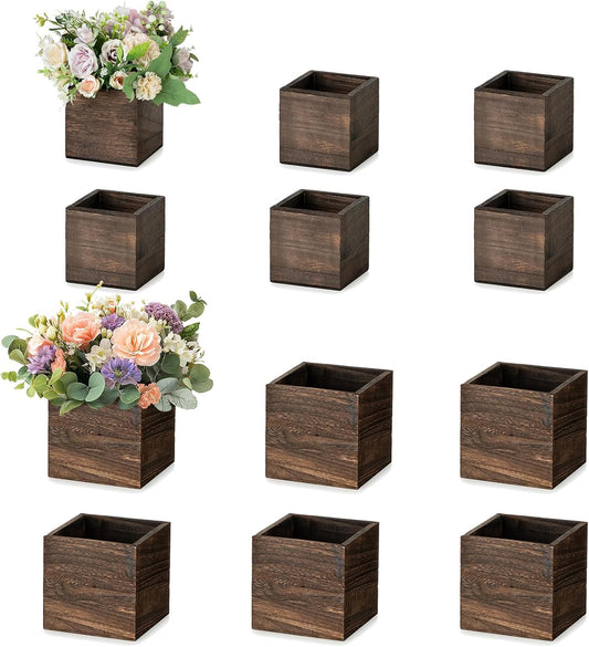 NUPTIO Wooden Box for Centerpiece Wedding: 12 Pcs Rustic Square Planter Box for Christmas Centerpiece Table Fall Decorations - 4×4" & 5×5" Small Wood Vases Flower Pots for Windowsill Home Garden Decor