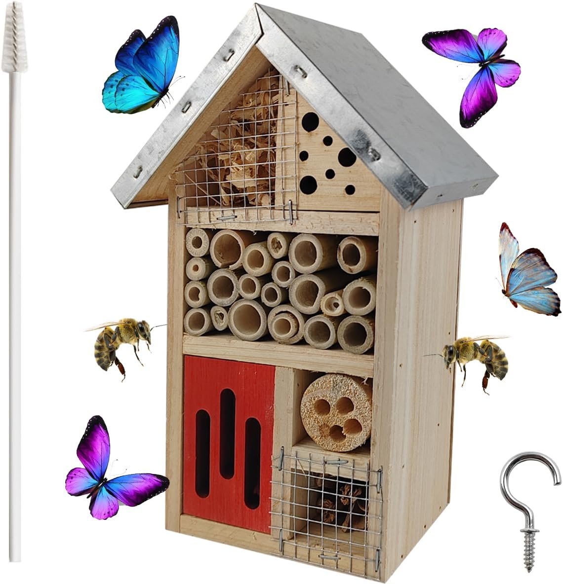 TIHOOD Natural Wooden Hanging Bee House for Gardens Natural Wooden Butterfly Hotel for Bee, Butterfly, Ladybirds, Habitat, Bee Hotel Garden