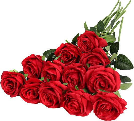 Hawesome 12PCS Artificial Silk Flowers Realistic Roses Bouquet Long Stem for Home Wedding Decoration Party (12pcs-red 1)