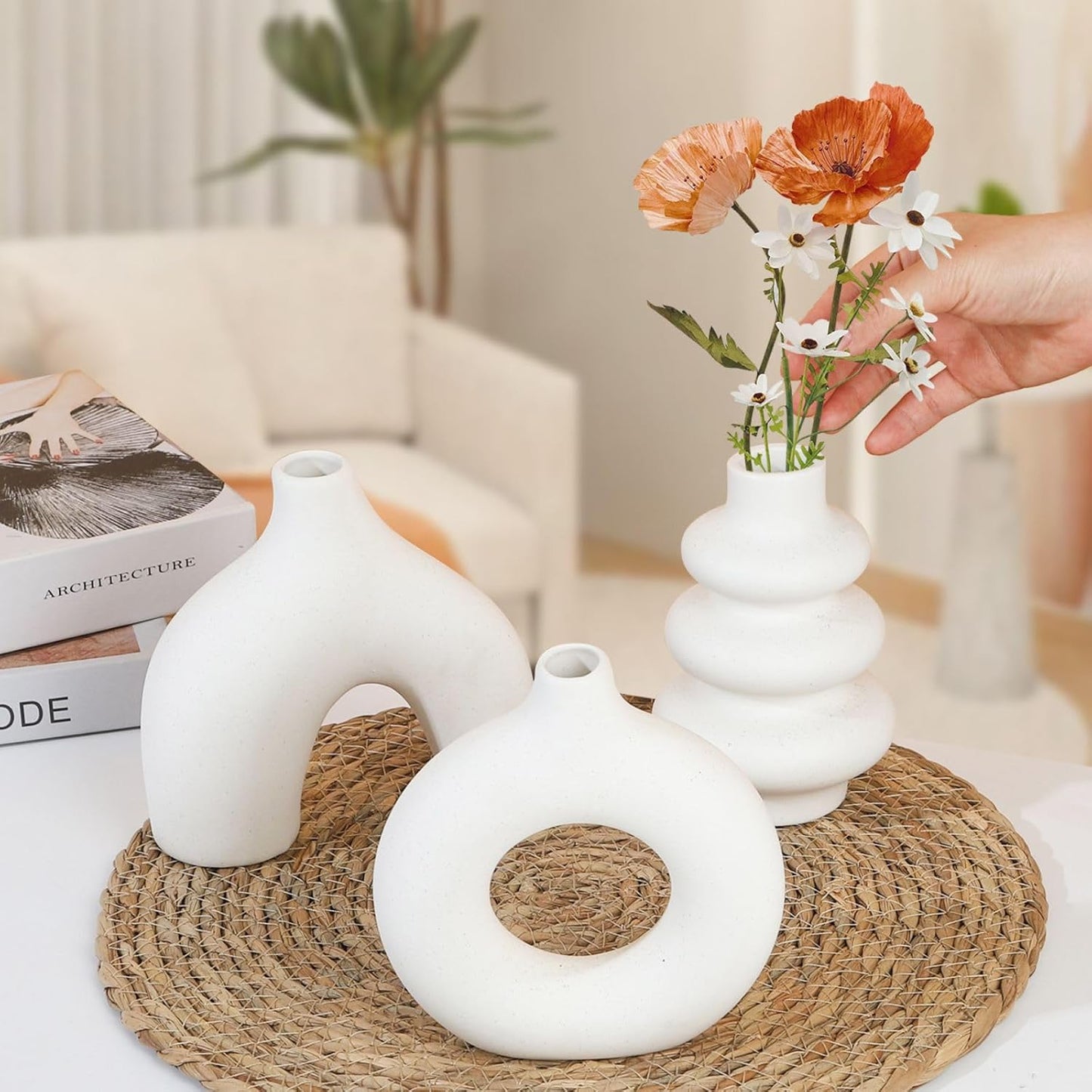 Ceramic Vase Set of 3, Small Flower Vase for Home Decor, Decorative Vases for Pampas Grass & Dried Flowers, Living Room, Bedroom, Bathroom, Shelf Centerpiece Table Decorations