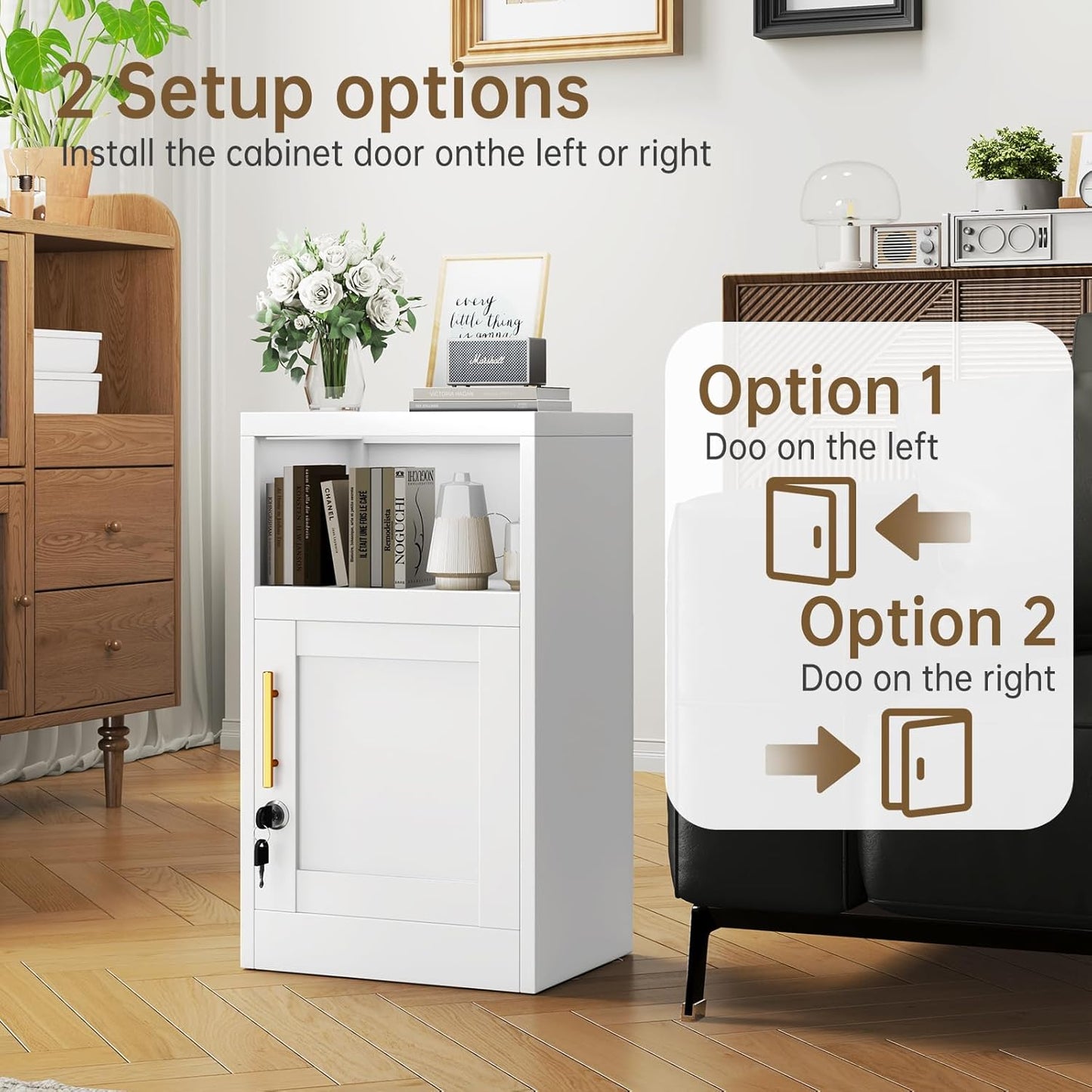 27" Metal Nightstand with Locked Doors, Small Sidetable with 1 Storage Shelf, Storage Cabinet for Bedroom, Metal End Table for Home, Office White