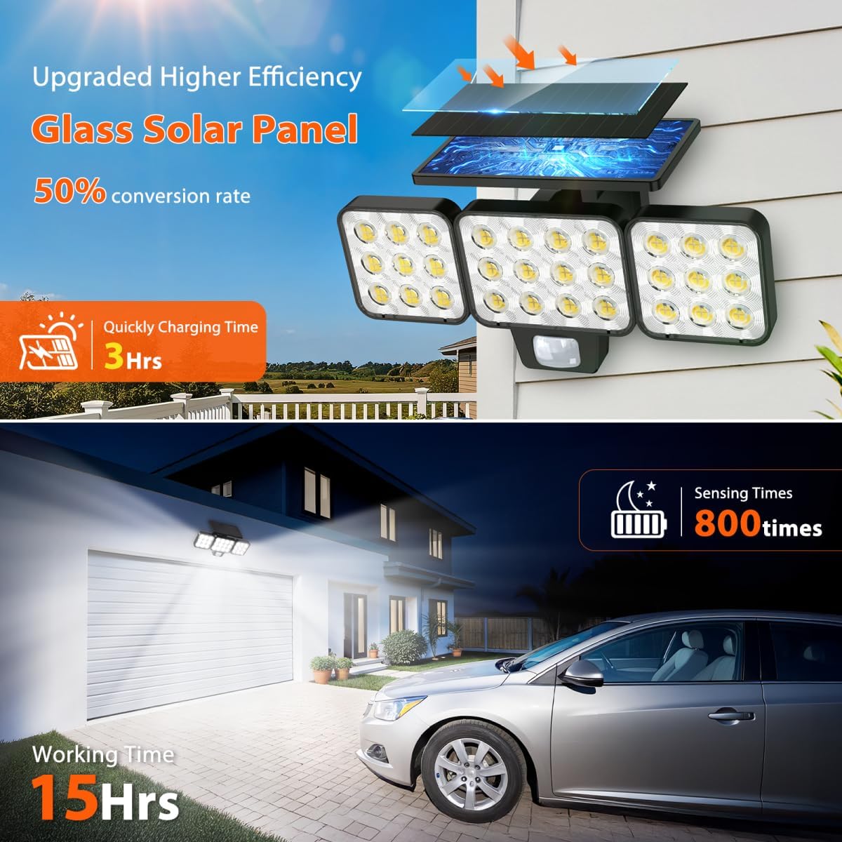 Solar Flood Light Outdoor 4 Pack, 3500LM Super Bright Motion Sensor Outdoor Lights, Solar Lights Outdoors Waterproof, Upgrade Glass Panel, 270° Wide Angle LED Security Spot Light for Outside Yard