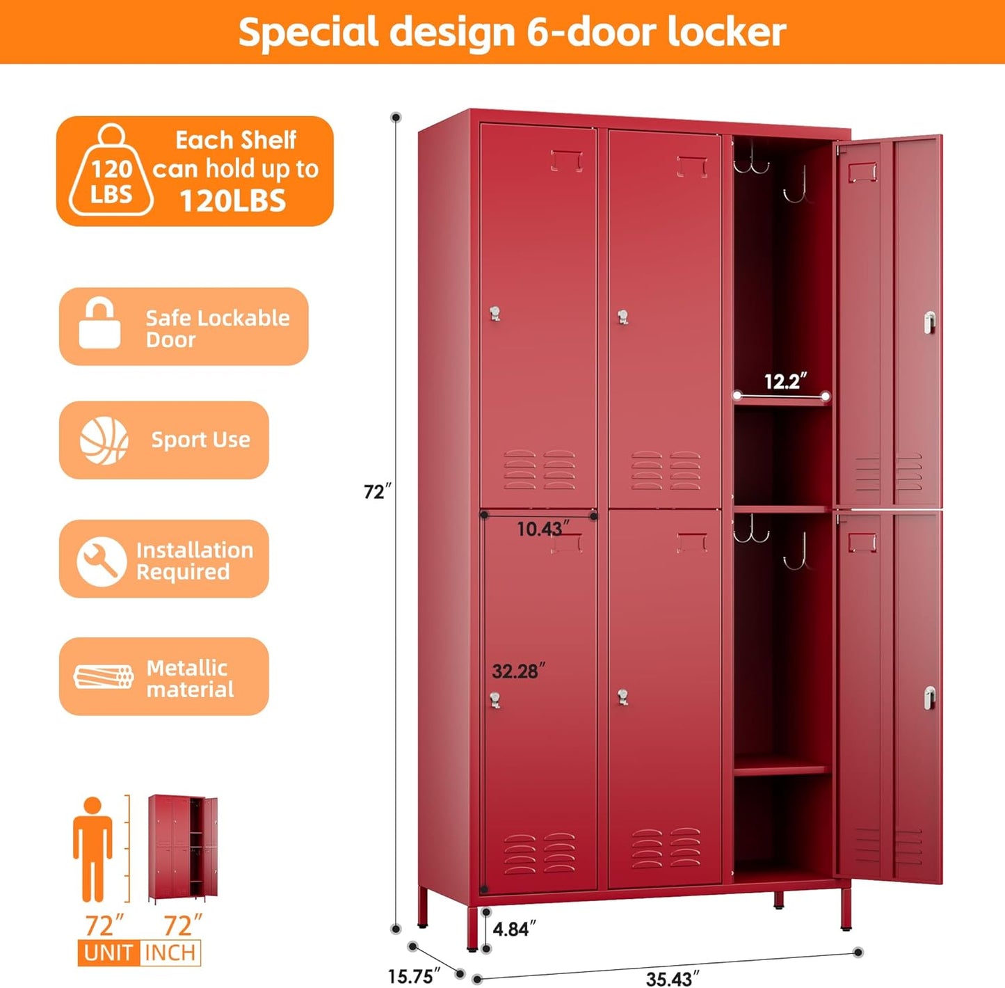 METAN Metal Locker for School Office Gym Bedroom,6 Doors Steel Storage Lockers Cabinet for Employees,Industrial Storage with 1 Shelf,Assembly Required,Red