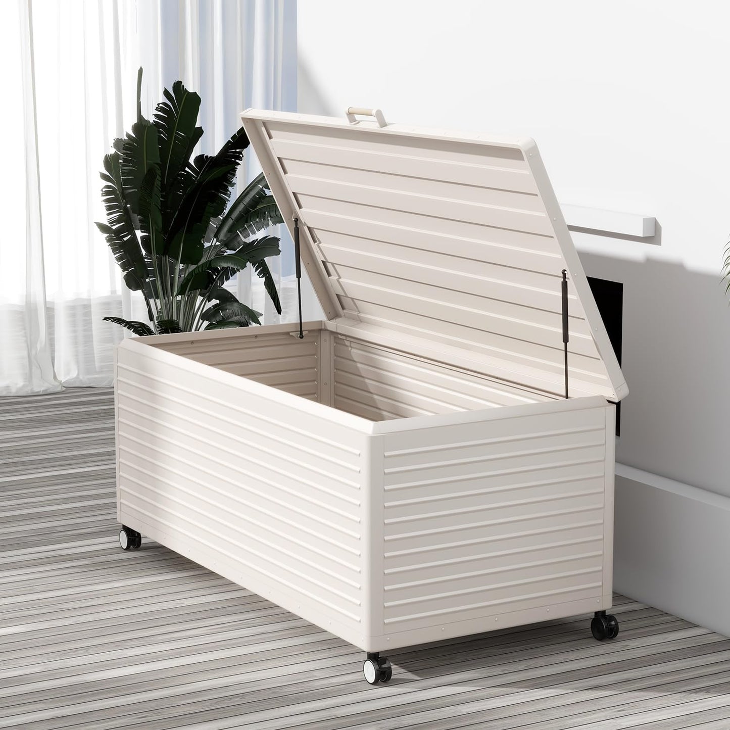 281 Gallon Large Outdoor Metal Deck Box with Wheels, Storage Box with Lid for Patio Furniture, Garden Tools, Outdoor Cushion, Latte