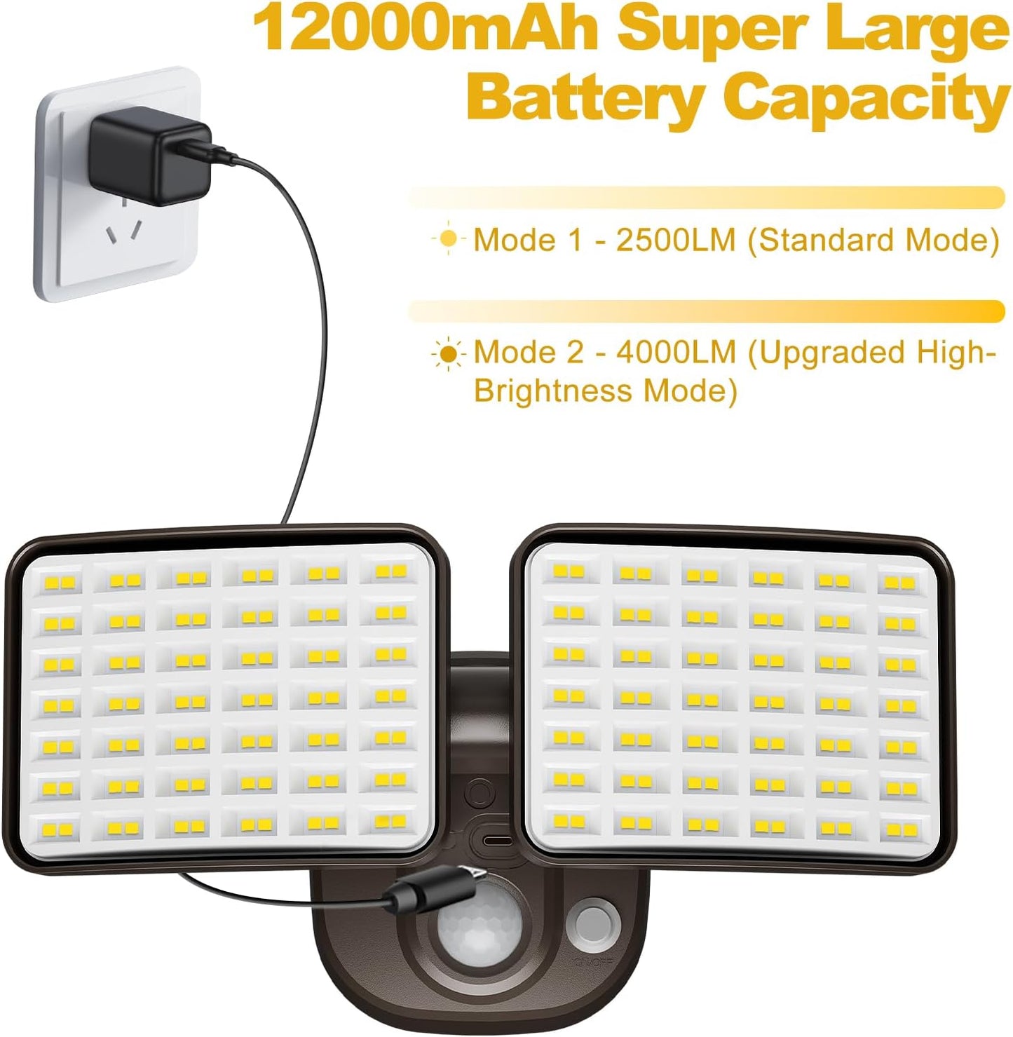 Rechargeable Battery-Powered Motion Light (1-3 Months Endurance), 2500LM Standard & 4000LM High-Brightness Dual Modes, USB Charging Outdoor LED Flood Light for Garage,Yard,Patio,Garden (Brown) 2 Packs