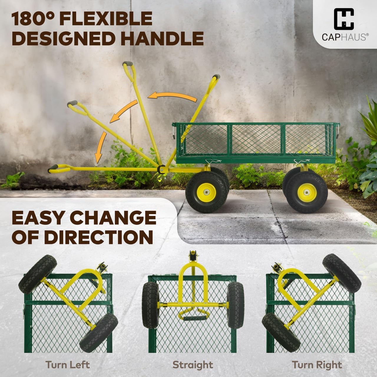 CAPHAUS Metal Green Garden Cart, w/ 180° Adjustable Yellow Handle, w/Mat and Strap, Heavy Duty 880 lbs Capacity, w/ 10” Flat-Free Tires, Sides Removable, Utility Wagon, Yard Cart, for Garden, Farm