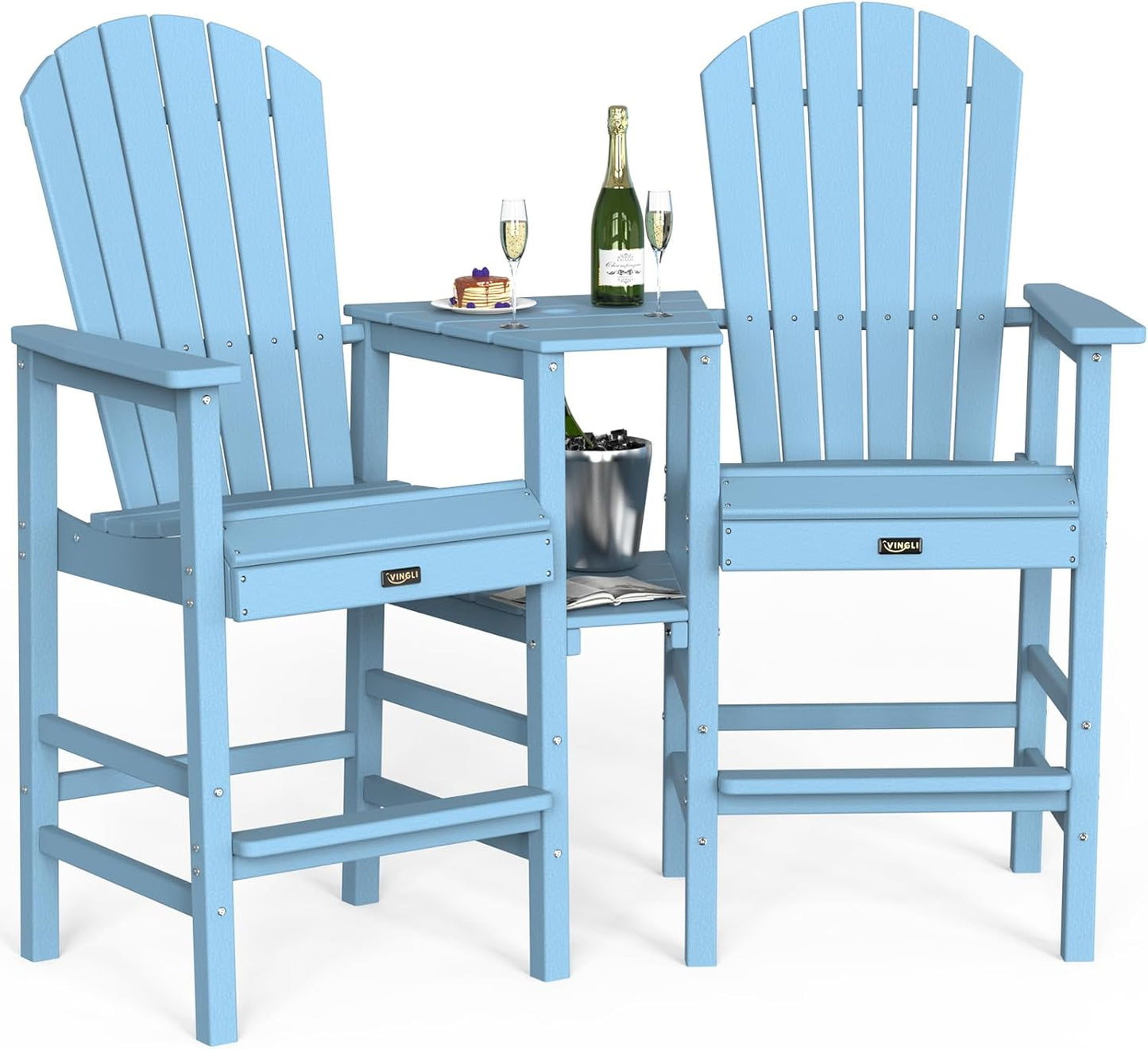 VINGLI Tall Adirondack Chairs Set of 2, HDPE Balcony Chair with Double Connecting Tray Weather Resistant Outdoor Bar Stools for Patio Deck Lawn Pool Backyard (Blue)