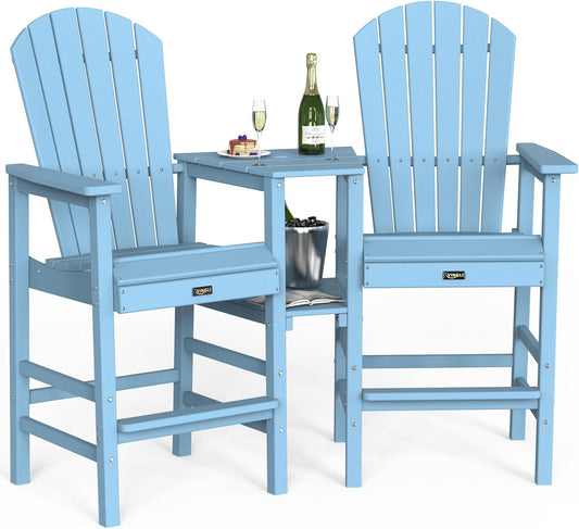 VINGLI Tall Adirondack Chairs Set of 2, HDPE Balcony Chair with Double Connecting Tray Weather Resistant Outdoor Bar Stools for Patio Deck Lawn Pool Backyard (Blue)