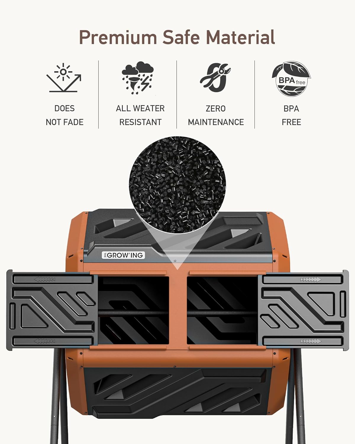 THEGROW'ING Updated 43 Gallon Compost Bin Outdoor, Fast Assemble Tumbling Composter, Dual Chamber Composter Tumbler, Rotating Compost Bin for Outside, Backyard, Garden and Yard, Orange