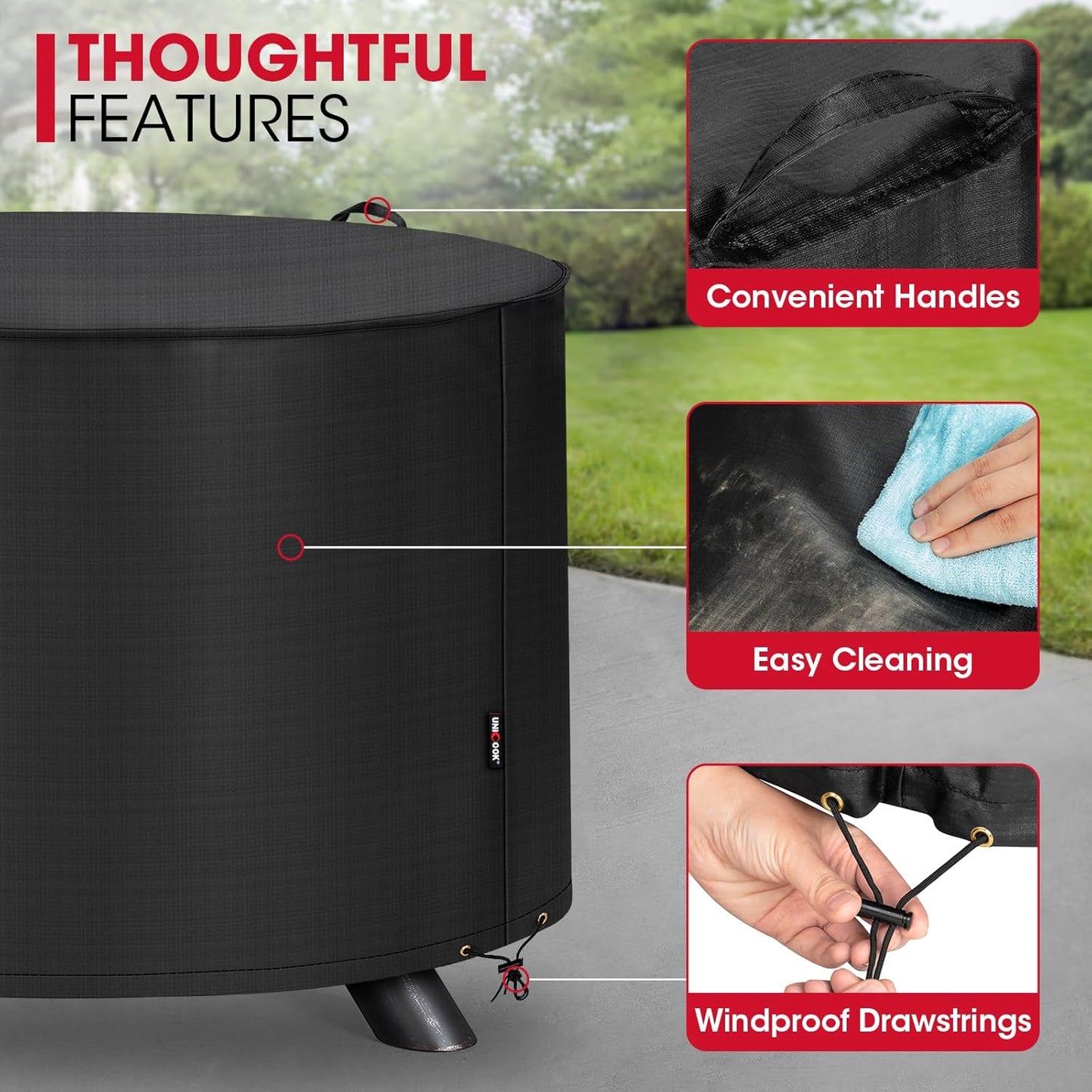 Unicook Firepit Cover Round 36 Inch, Waterproof Fade Resistant Outdoor Fire Bowl Cover with Handles & Drawstring, Fits Patio Fire Pits up to 34" Dia, Black