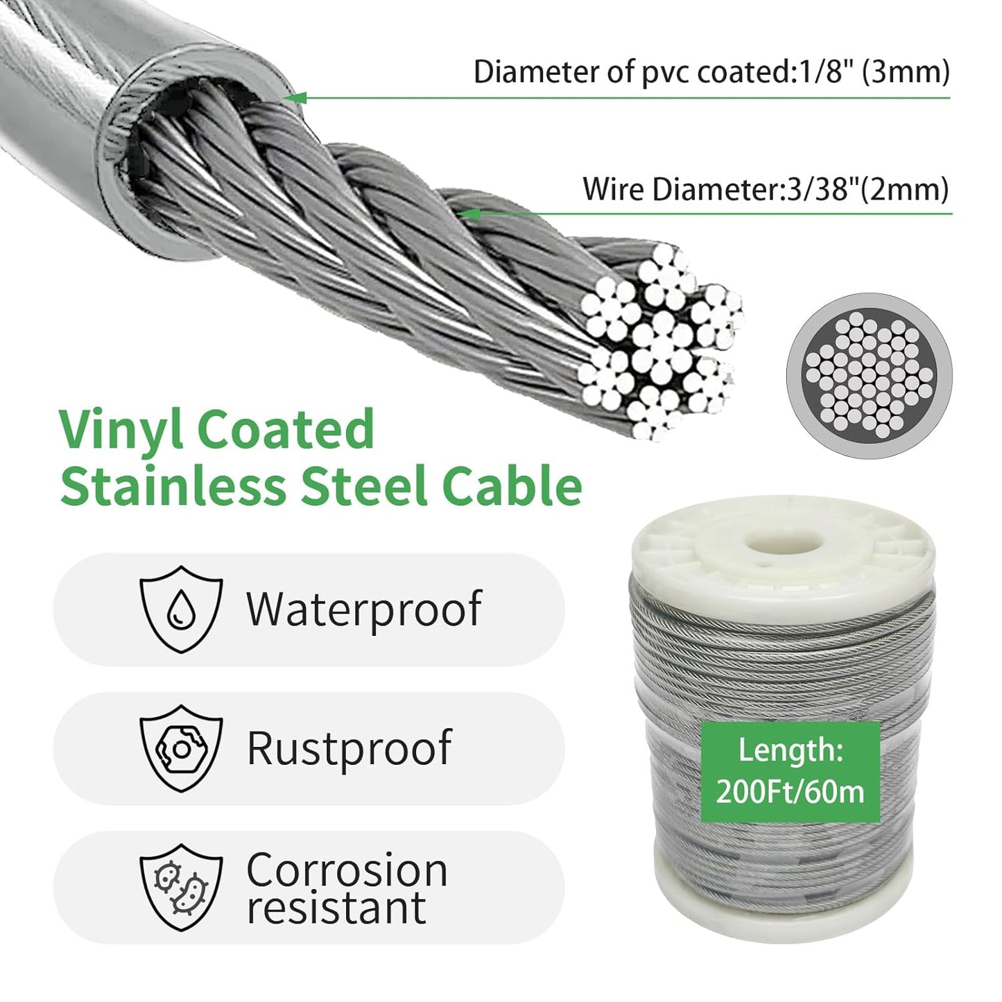 1/8" Wire Cable Rope Kit ，Vinyl Coated 304 Stainless Steel Wire – 200FT 7x7 Strand Cable with Turnbuckles，Shade Sail & Hanging Lights Hardware Kit for Outdoor, Garden,Patio, Crafts,