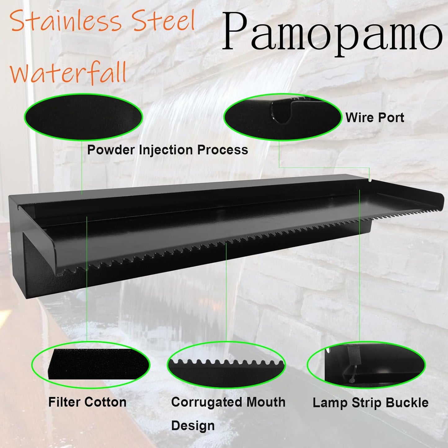 Pond Waterfall Spillway Pool Fountain Water Feature, Black Stainless Steel Outdoor Fountains, Swimming Pool Water Flow Waterfalls Kit for Garden Patio Ponds-11.8"x7.8"x3.9"(NO Light)