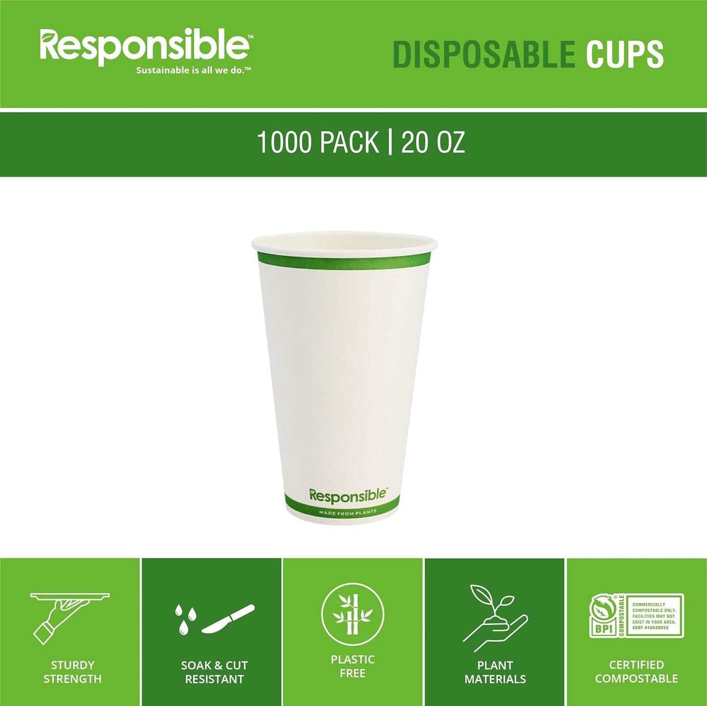 20 oz Paper Hot Cups, Tree-Less™ Compostable Paper Coffee Cups, Extra Strength, Tree-Free and Made Without PFAS, White (1000 Count)