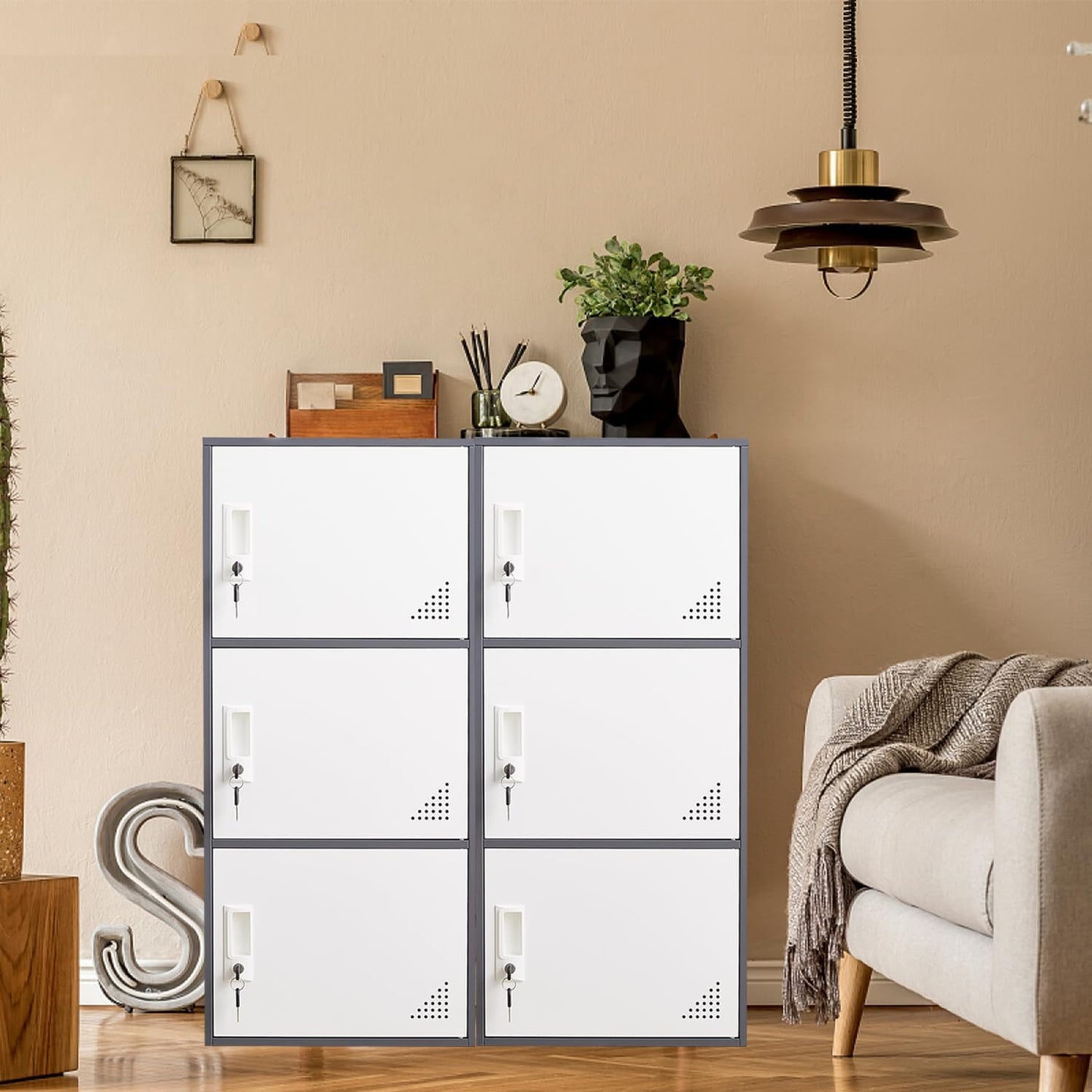 Student Locker Organizer, Multi-Door Steel Locker, Small Locking Cabinet Storage Organizer, Office File Cabinet, Home Locker, Gym Locker, Metal Storage Locker (3 Door, Gray & White)