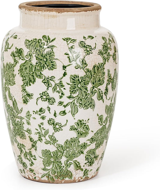 Sungmor Ceramic Flower Vase, Vintage Ice Cracked Glaze Porcelain Vase, Pretty Home Decor Vase for Flower Arrangement, Fresh Flowers, 10.2 Inch Tall Chinoiserie Pottery Vase, Green Floral Pattern