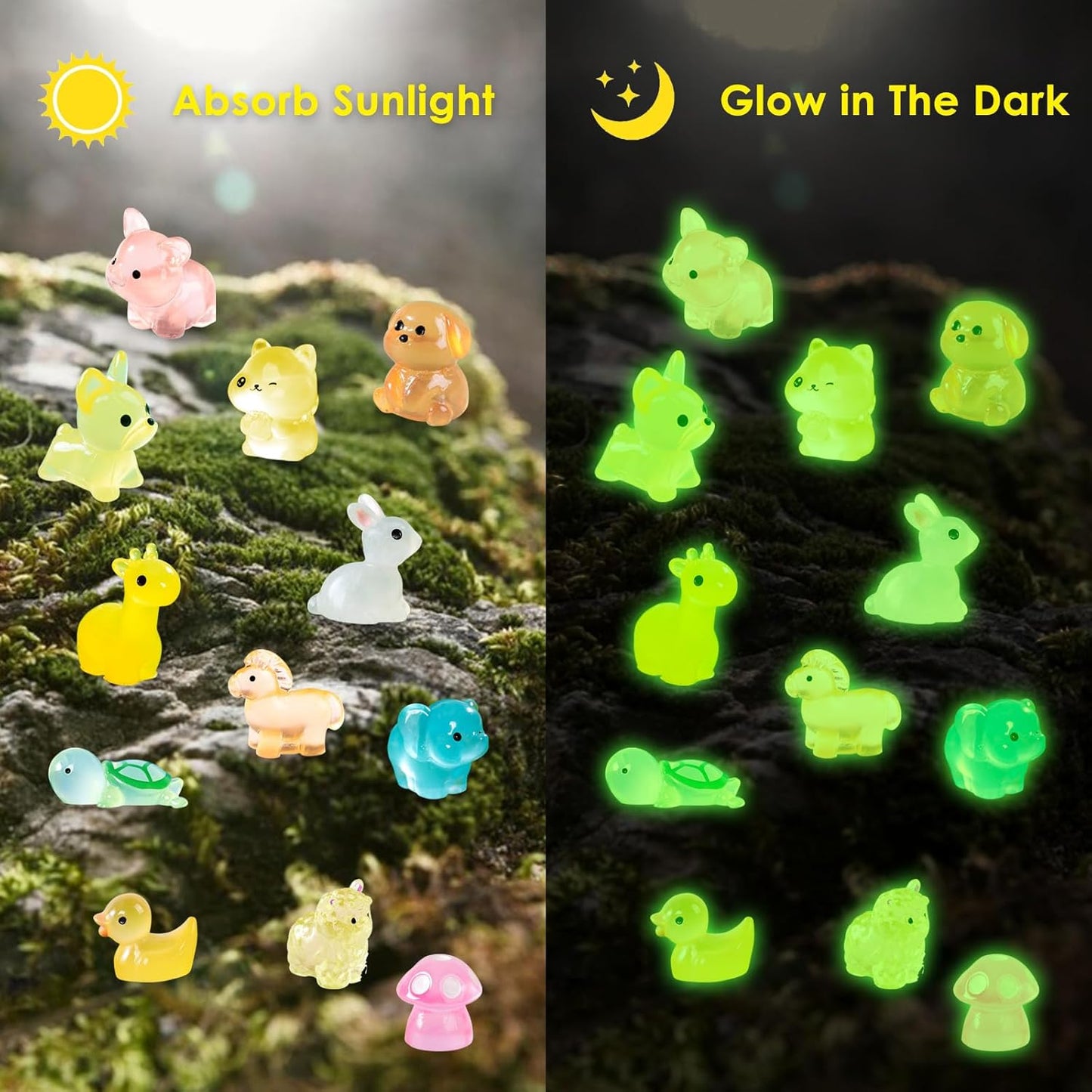 160pcs Luminous Mini Resin Animals Figurines Mini Ducks Dogs Squirrels Giraffes Rabbits Tiny Elephants Miniature Figurines Glow in The Dark Garden Miniatures Fairy Garden Accessories