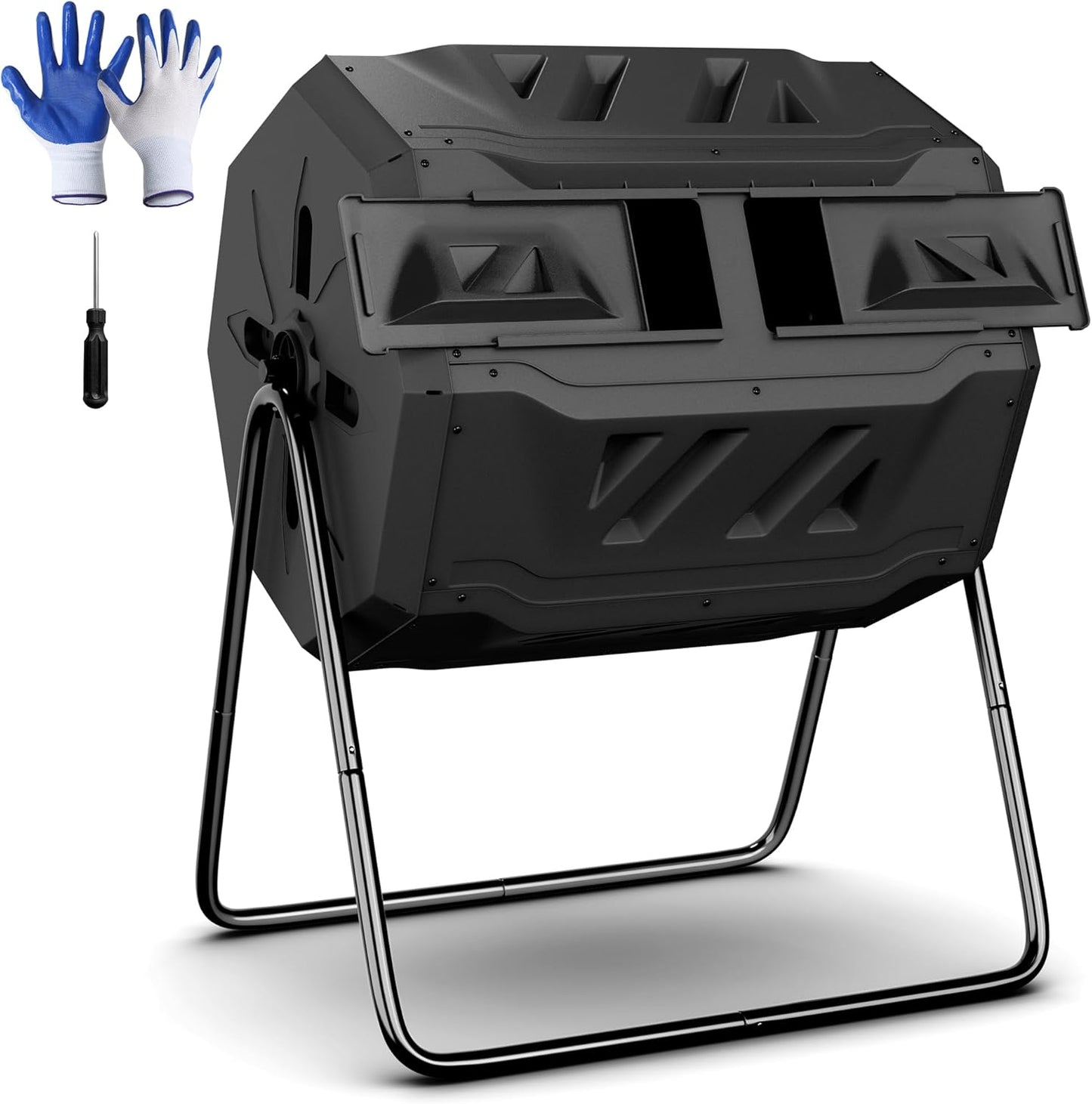 F2C Compost Bin Outdoor 43 Gallon Garden Dual Chamber Composter Bin - Bundled with Pearson's Gardening Gloves，BPA Free, Heavy-Duty Steel Frame, Rotating Tumbler with Sliding Doors | (Black)