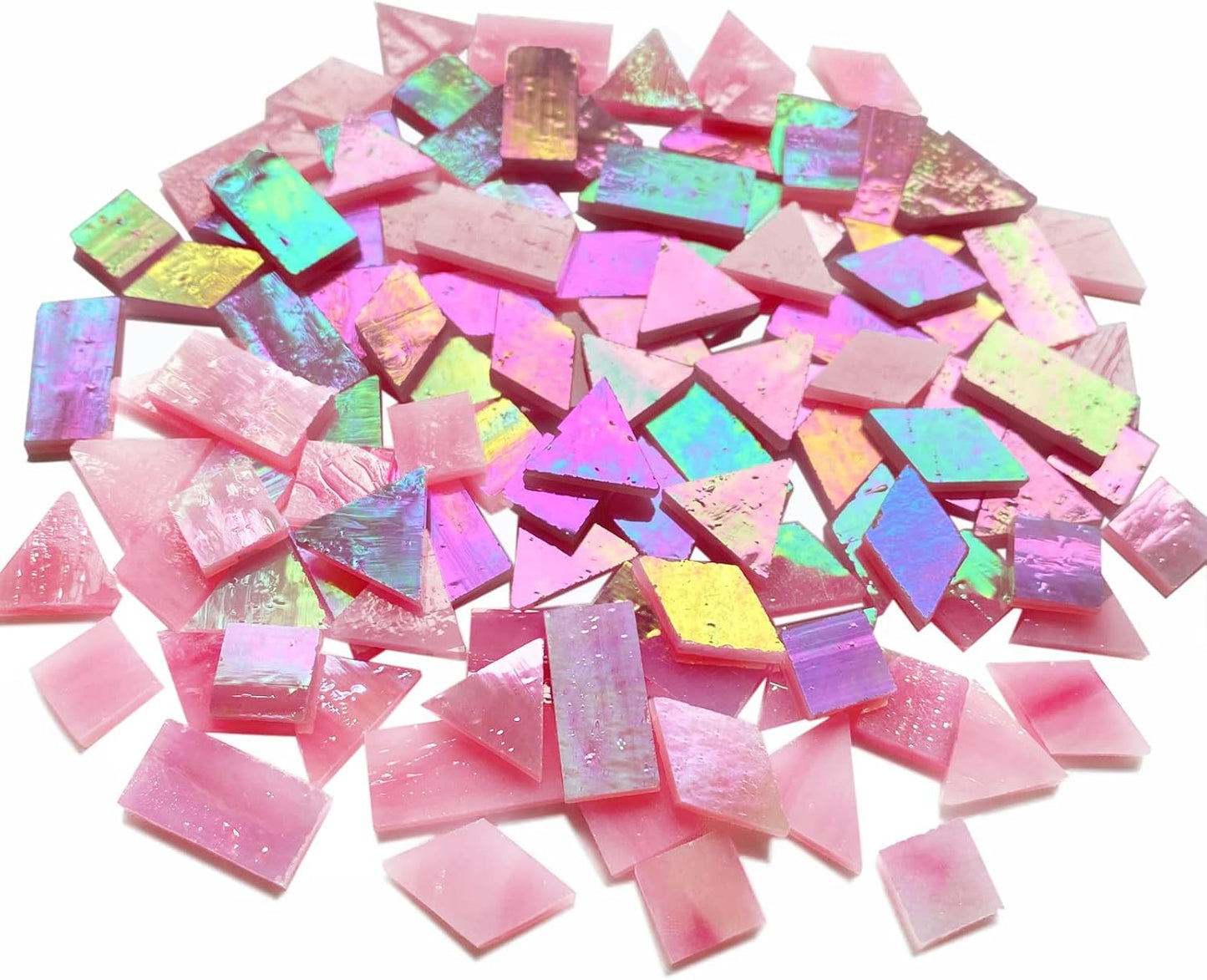 Magic Iridescent Pink Stained Glass Mosaic Tiles for Crafts, 280 Pieces Mixed 4 Shapes Stained Glass Sheets Pieces for Mosaics