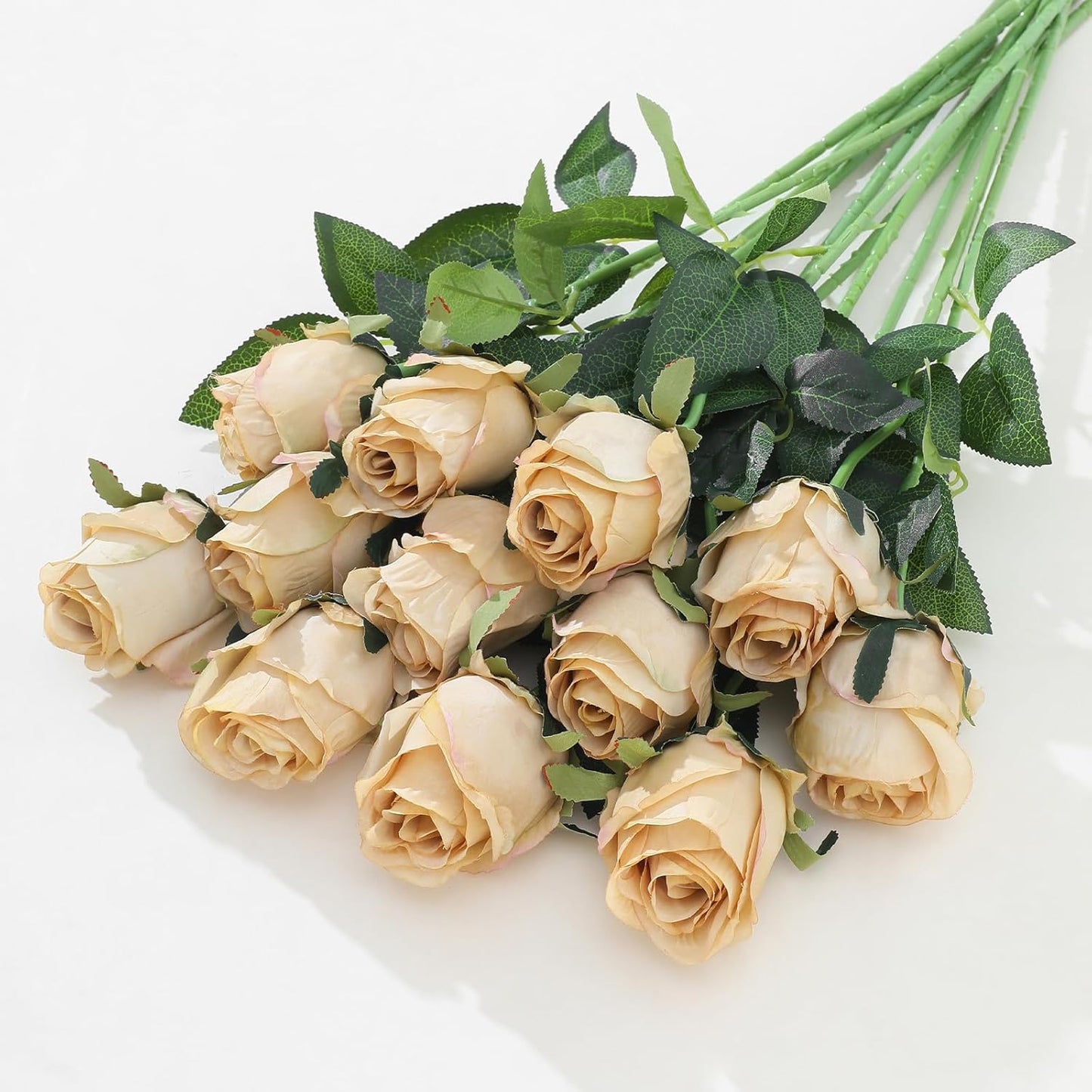 12Pcs Realistic Fake Champagne Roses Faux Flowers with Long Stems, Artificial Silk Rose Flowers for Valentines Day Home Wedding Decor Bridal Bouquet