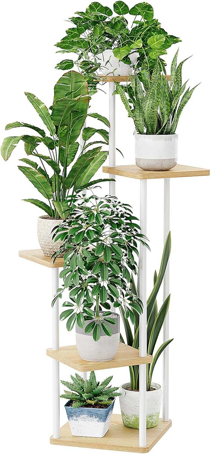 Bamworld White Plant Stand Indoor 5 Tier Plant Shelf for Multiple Plants Corner Flower Stand Metal Wood Plant Table for Patio Garden Balcony Living Room Bedroom