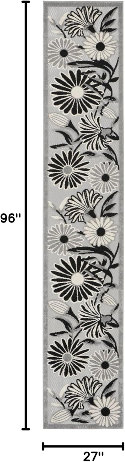 Nourison Home Aloha Black White 2'3" x 8' Area Rug, Easy Clean, Non Shedding, Bed Room, Living Room, Dining Room, Kitchen (8' Runner)