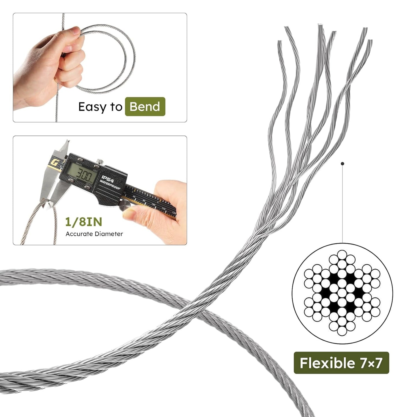 1/8 Inch Stainless Steel Cable Kit 200FT, 7 x 7 Strands Wire Rope with Aluminium Sleeves & Thimbles for Deck Railing, String Light Hanging, Shade Sail, Garden and DIY Projects