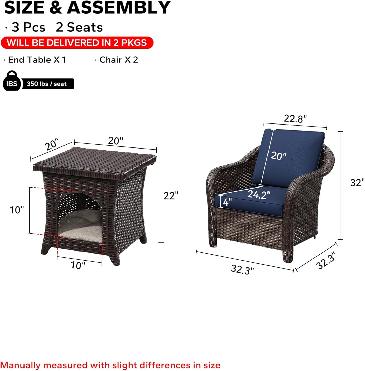 Patio PE Rattan Chairs Set of 2 with Cat Nest End Table, All-Weather & Steel Frame Outdoor Conversation Furniture Set with Washable Cushions for Garden, Bistro, Deck, Yard (Navy Blue)