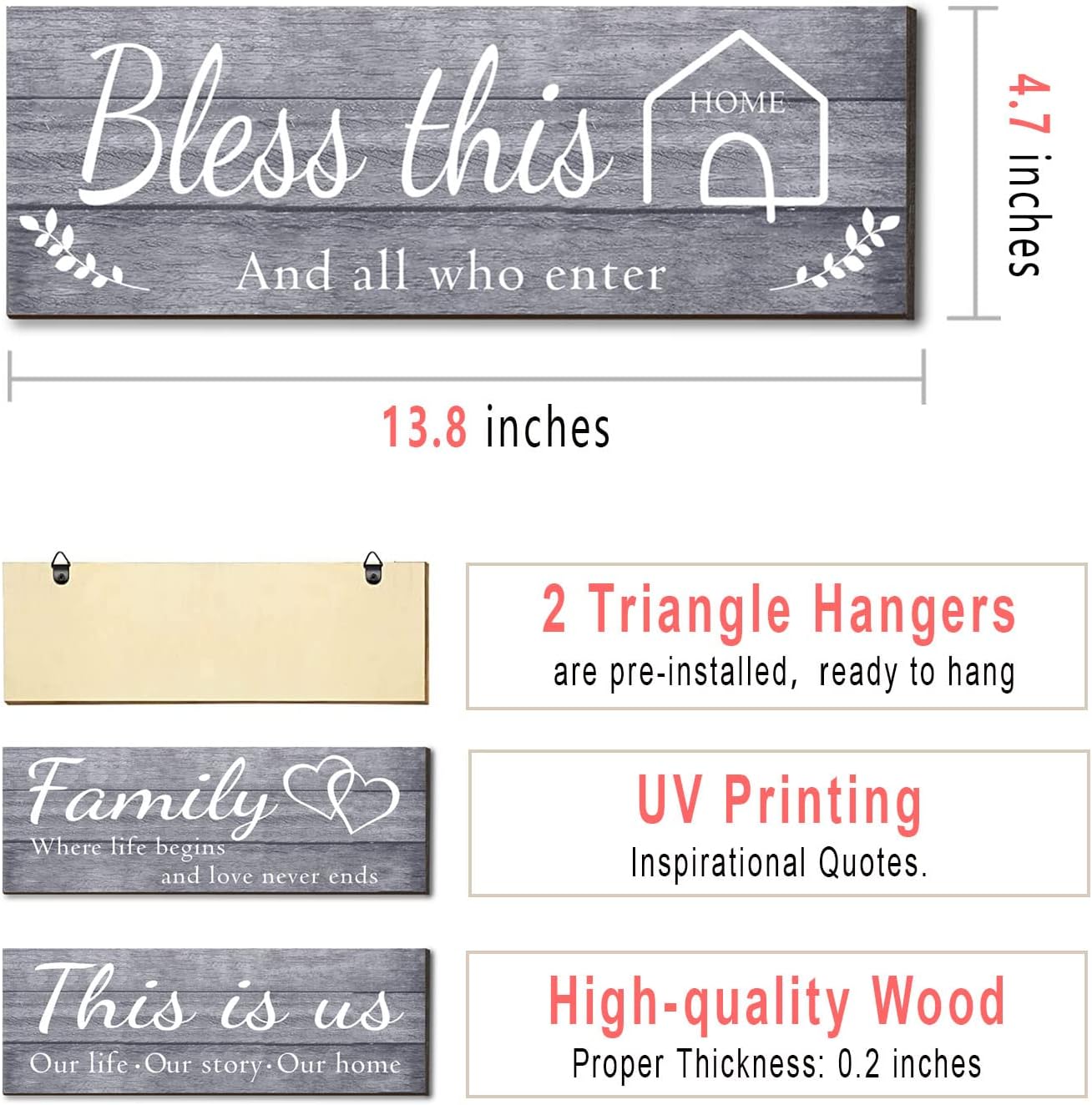 Joyhawk 4 Pieces Wall Decor Signs, THIS IS US, TOGETHER, BLESS THIS HOME, FAMILY Rustic Wooden Farmhouse Wall Art Décor For Living Room Bedroom Kitchen, , 4.7 x 13.8 Inch(Grey)