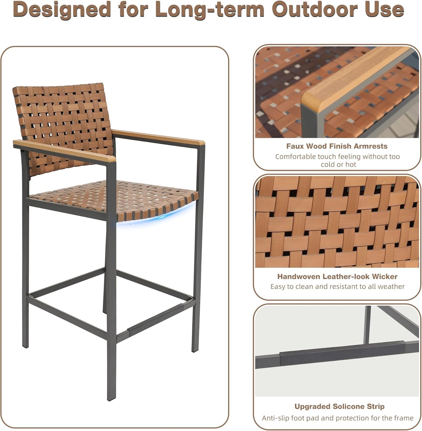 3 Piece Bar Height Patio Table and Chairs Set, High Top Bistro Set with Fauxwood Armrest, Outdoor Bar Stools and Table Sets for Garden, Backyard, Home, Balcony