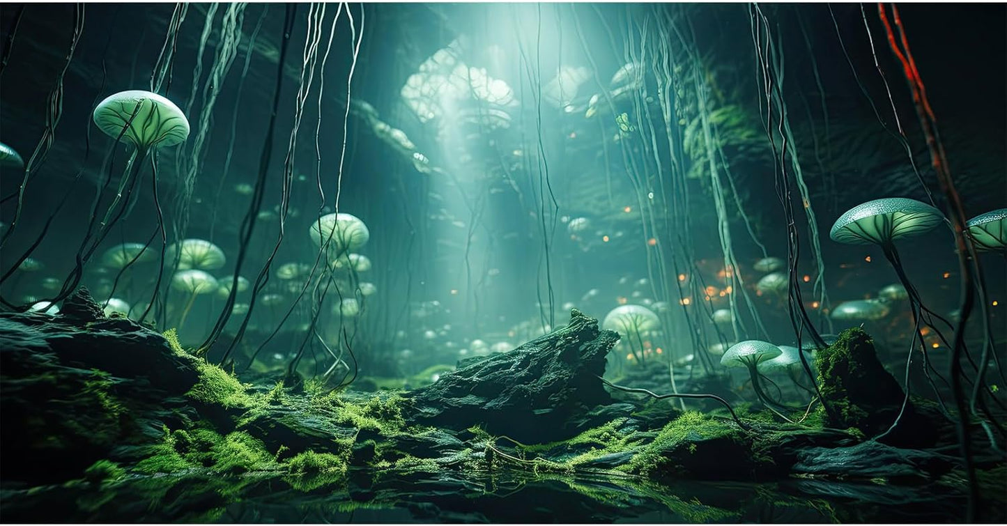 Aquarium Background Foggy Stone Mushroom Green Moss Fish Tank Background Mysterious Green Seaweed Scenery Aquarium Backgrounds White Mushroom Reptile Tank Enclosure Backgrounds Wallpaper 24x16in