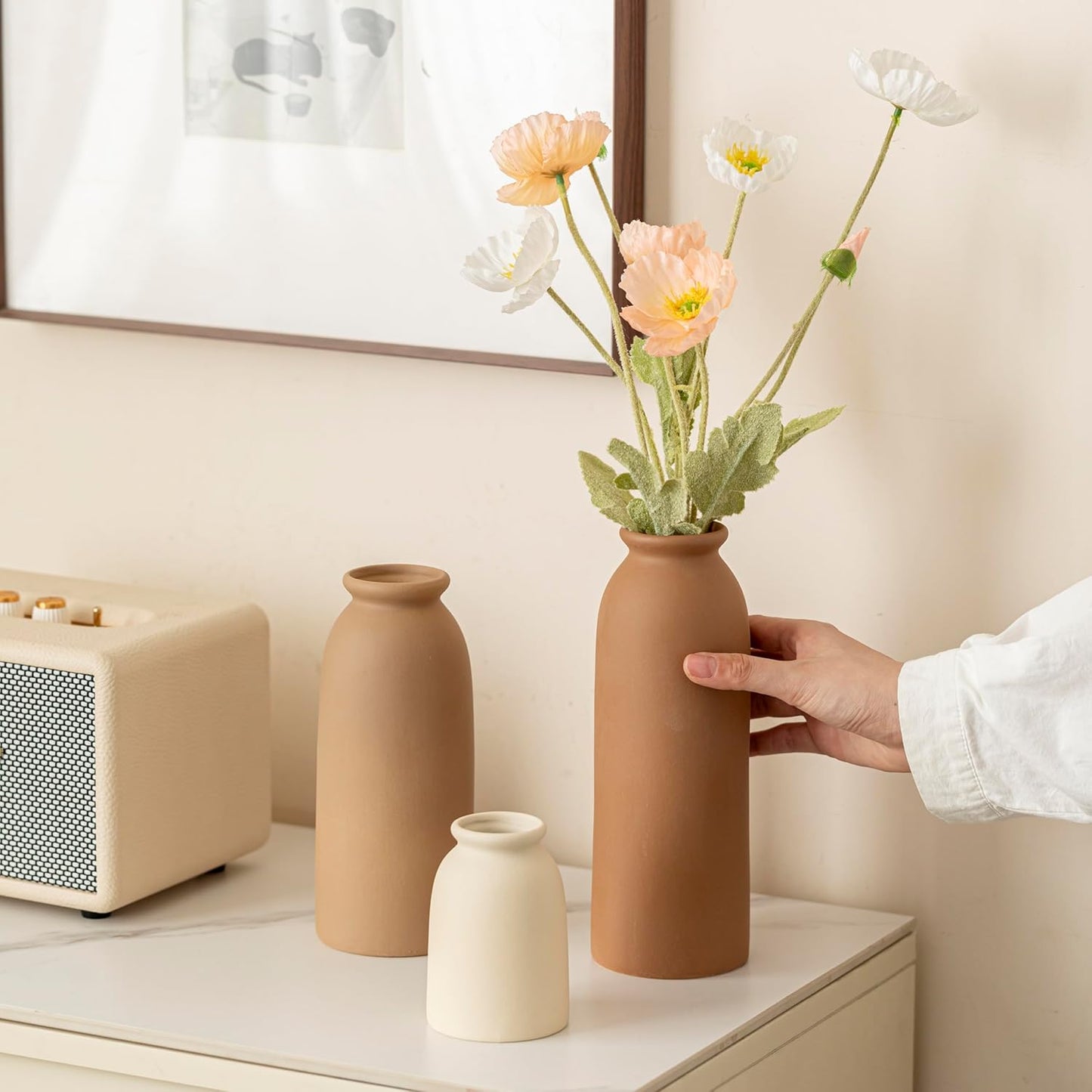 Ceramic Vase Set-3, Small Flower Vases for Decor, Modern Boho Farmhouse Style, Decorative Vases for Pampas Grass & Dried Flowers, Distressed Finish (Earth Tone)