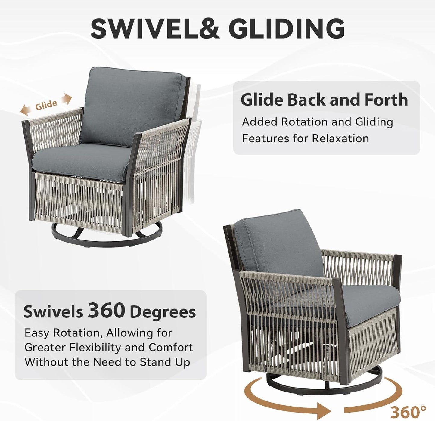 Patio Furniture Wicker Outdoor Conversation Set, 5-Piece All Weather Patio Furniture Rattan Rocking Sets w/Removable Cushions & Ottomans, Side Table for Backyard, Balcony, Deck, Dark Grey