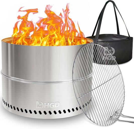 HGD 19.8 Inch Smokeless Firepit with Grill, Portable Wood Burning Fire Pit for Camping & Backyard, Stainless Steel Outdoor Fireplace with Travel Bag, Easy Setup & Compact Storage - Foldable Design