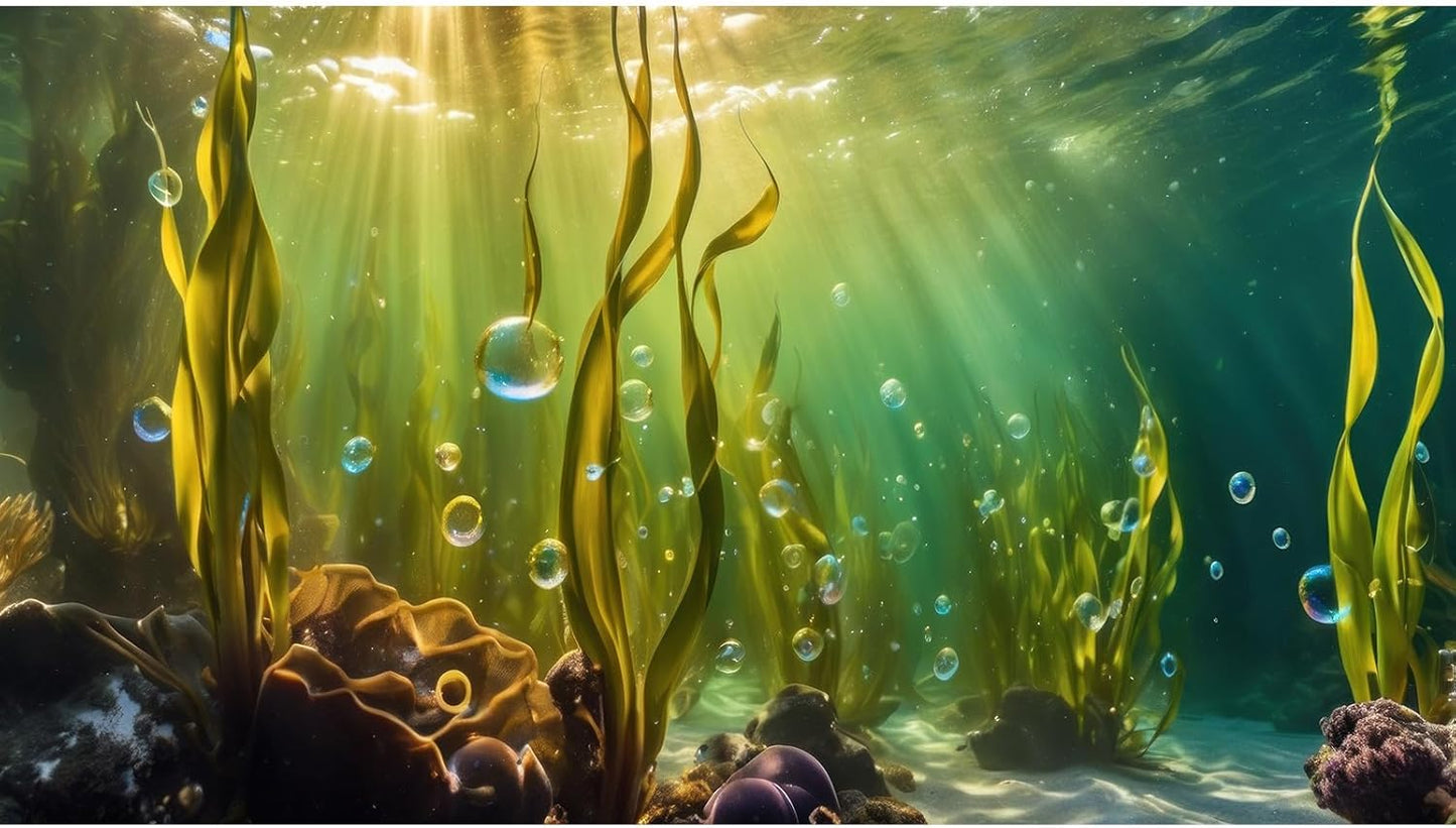 Aquarium Background Underwater Beautiful Coral Reef with Seaweed Bubbles Terrarium Backdrop Aquatic Plants Sunlight Rays Fish Tank Background Tank Aquarium Wallpaper Poster Decor Vinyl 48x18in